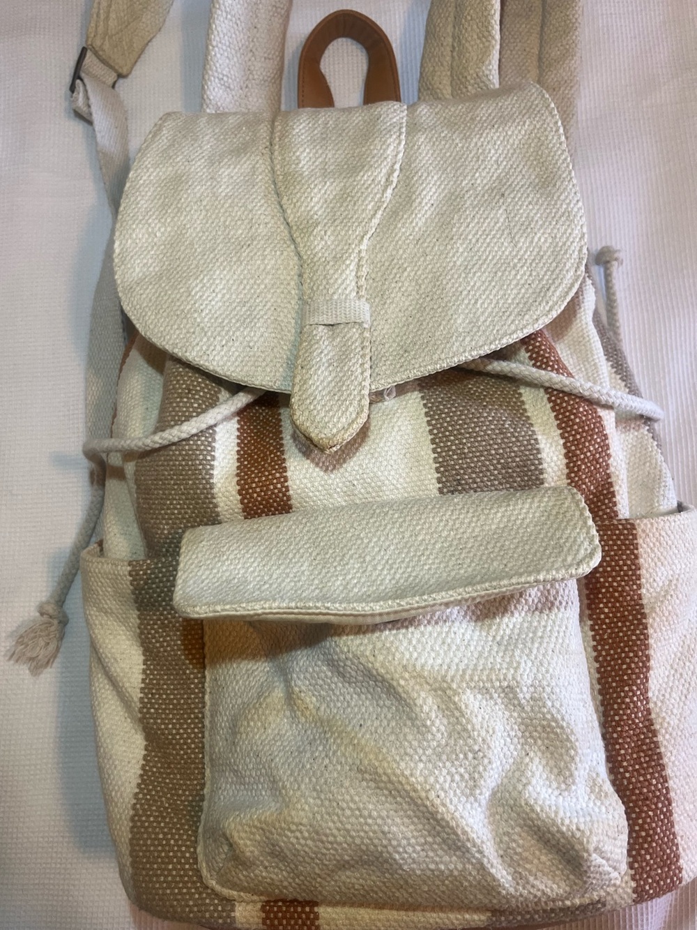 Canvas Stripe Daypack Backpack - Cream & Brown